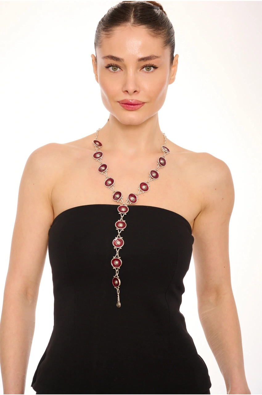 Kiraz Burgundy Enameled Silver Plated Necklace