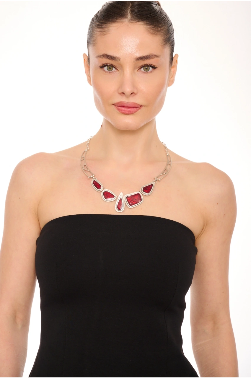 Kiraz Burgundy Enameled Silver Plated Necklace
