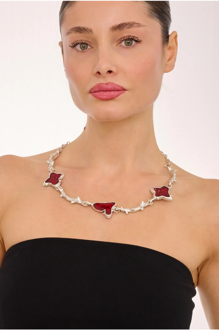 Kiraz Burgundy Enameled Silver Plated Necklace