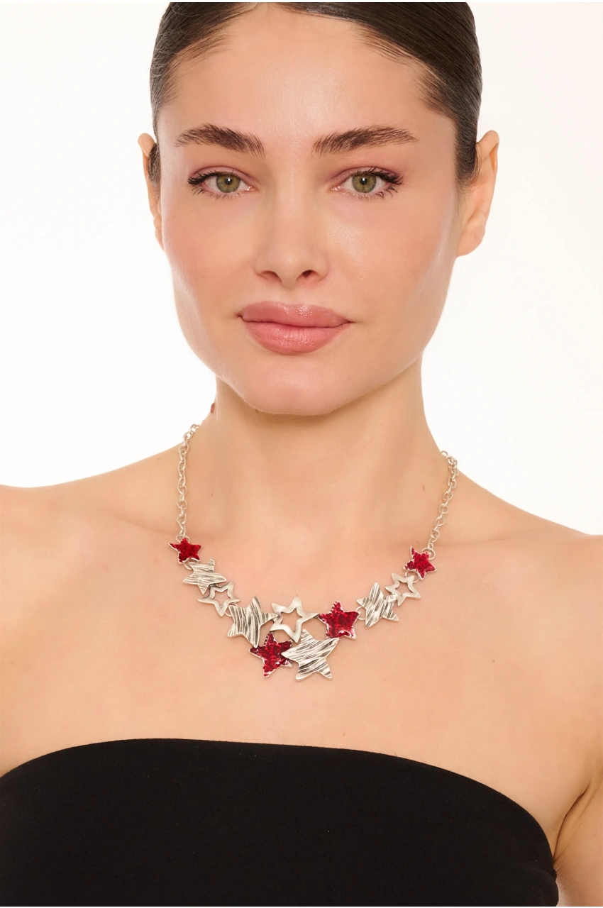Kiraz Burgundy Enameled Silver Plated Star Necklace