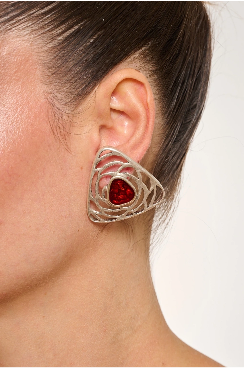 Kiraz Burgundy Enameled Silver Plated Triangle Earring
