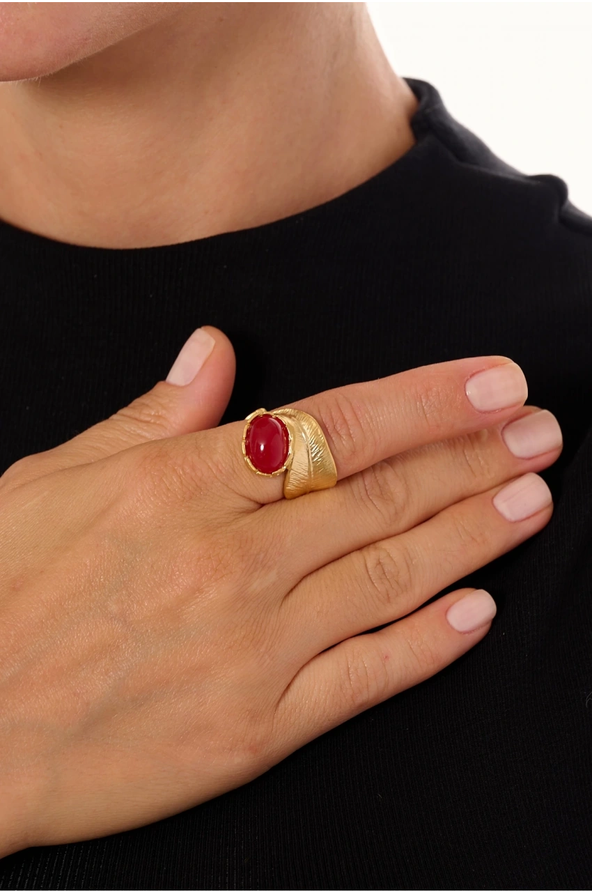 Kiraz Burgundy Stoned Gold Plated Ring
