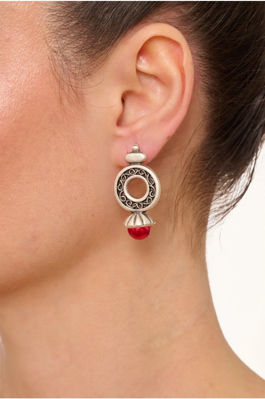 Kiraz Burgundy Pearl Stoned Silver Plated Earring