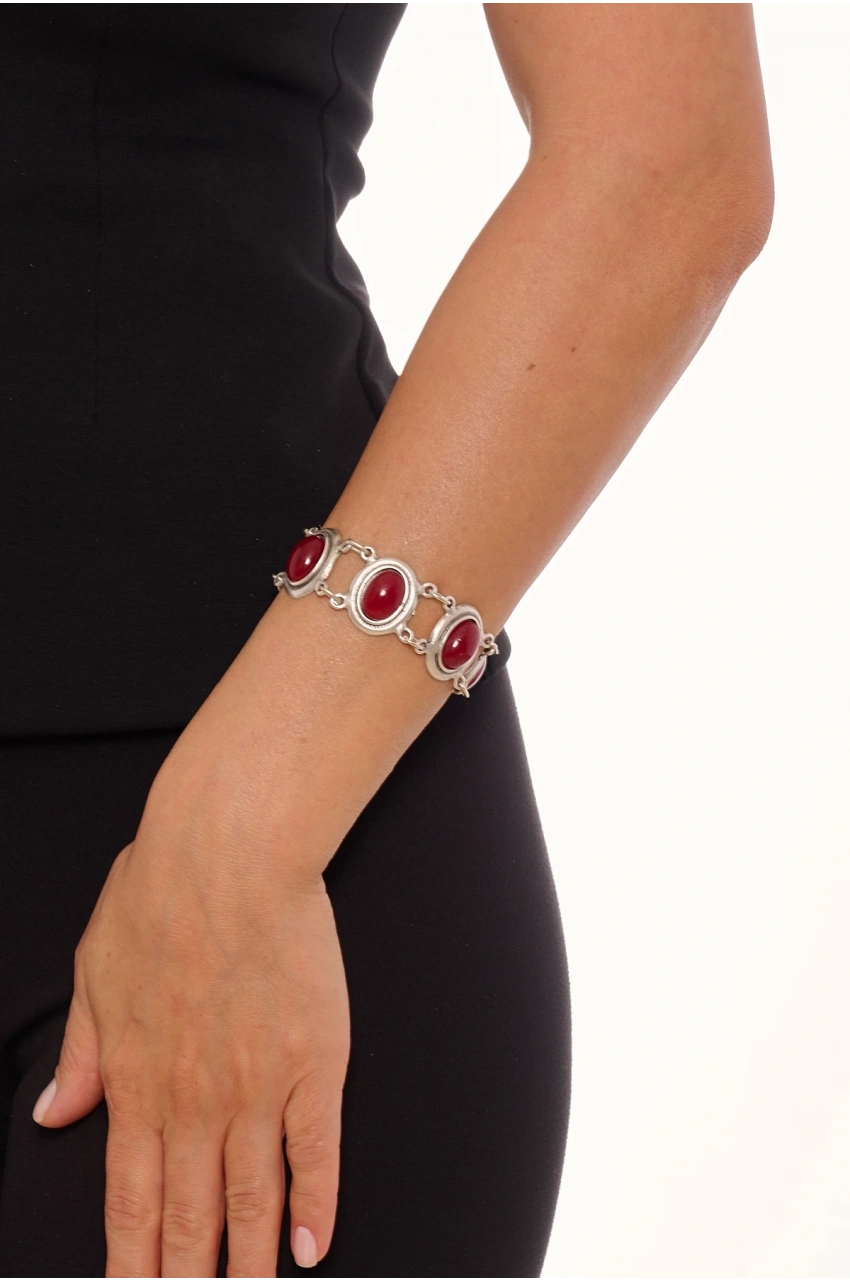 Kiraz Burgundy Stoned Silver Plated Bracelet