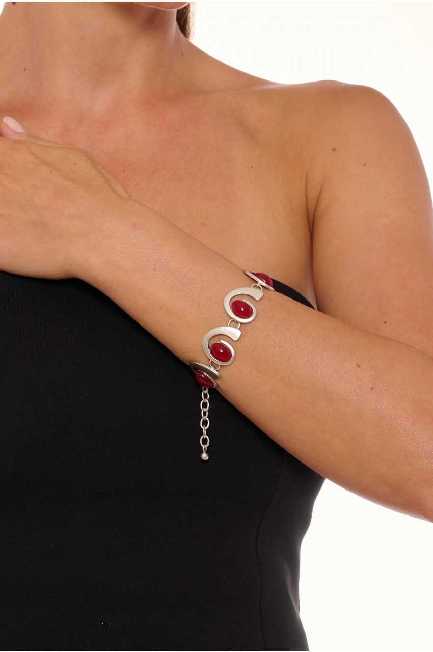 Kiraz Burgundy Stoned Silver Plated Bracelet