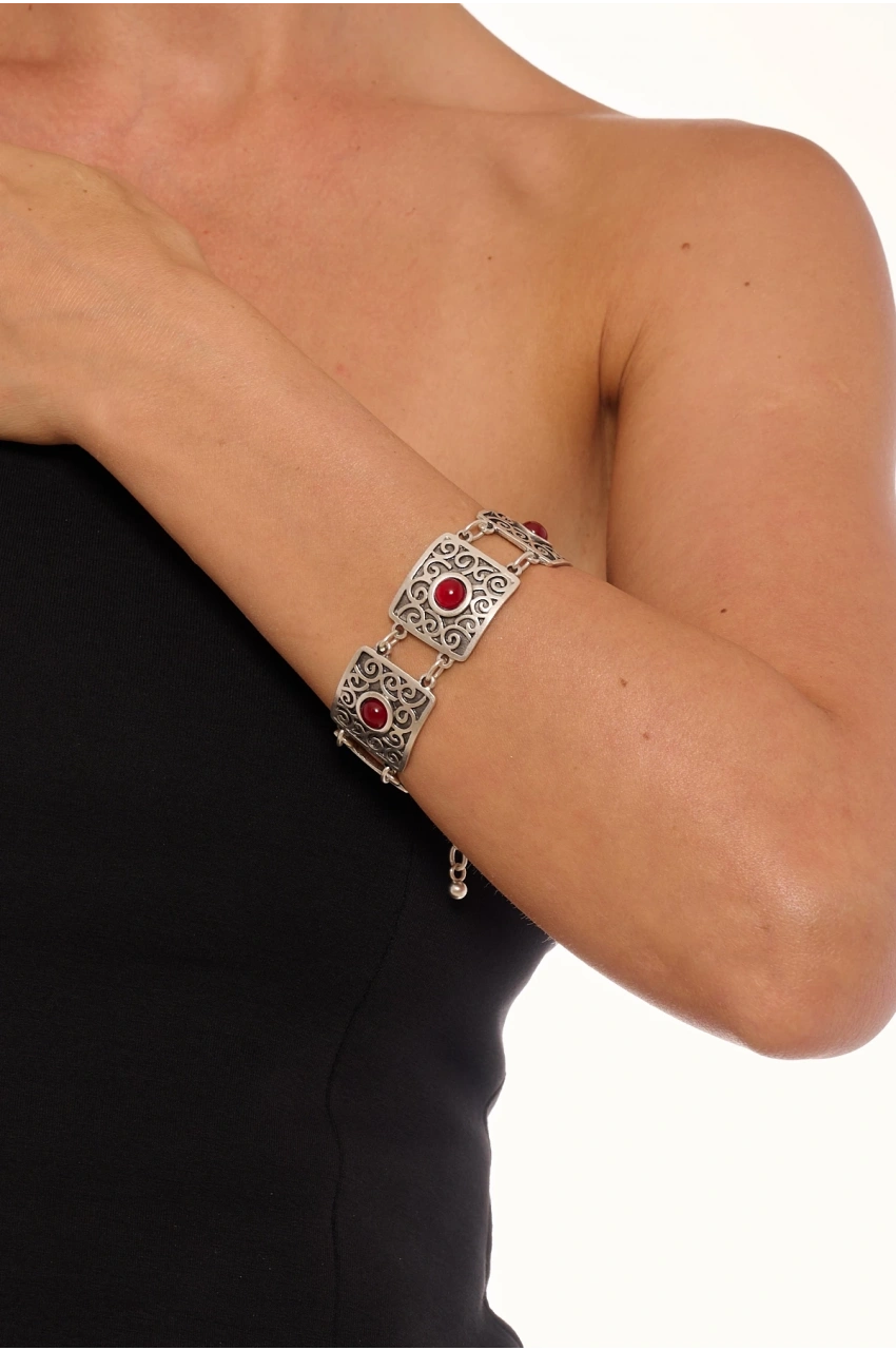 Kiraz Burgundy Stoned Silver Plated Bracelet