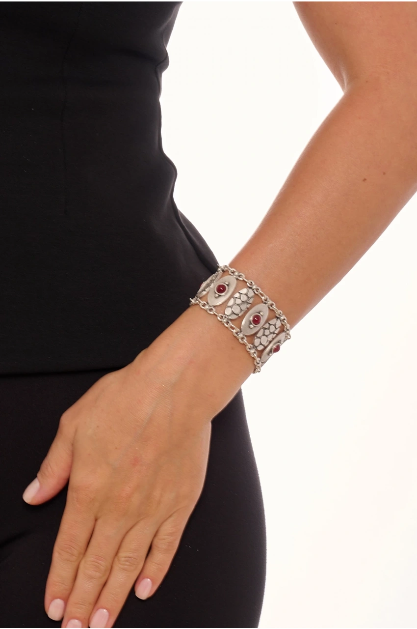 Kiraz Burgundy Stoned Silver Plated Bracelet