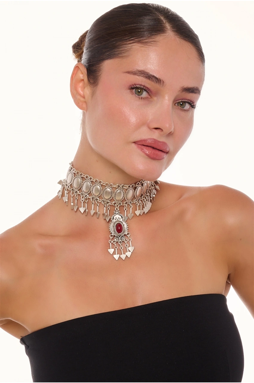 Kiraz Burgundy Stoned Silver Plated Necklace