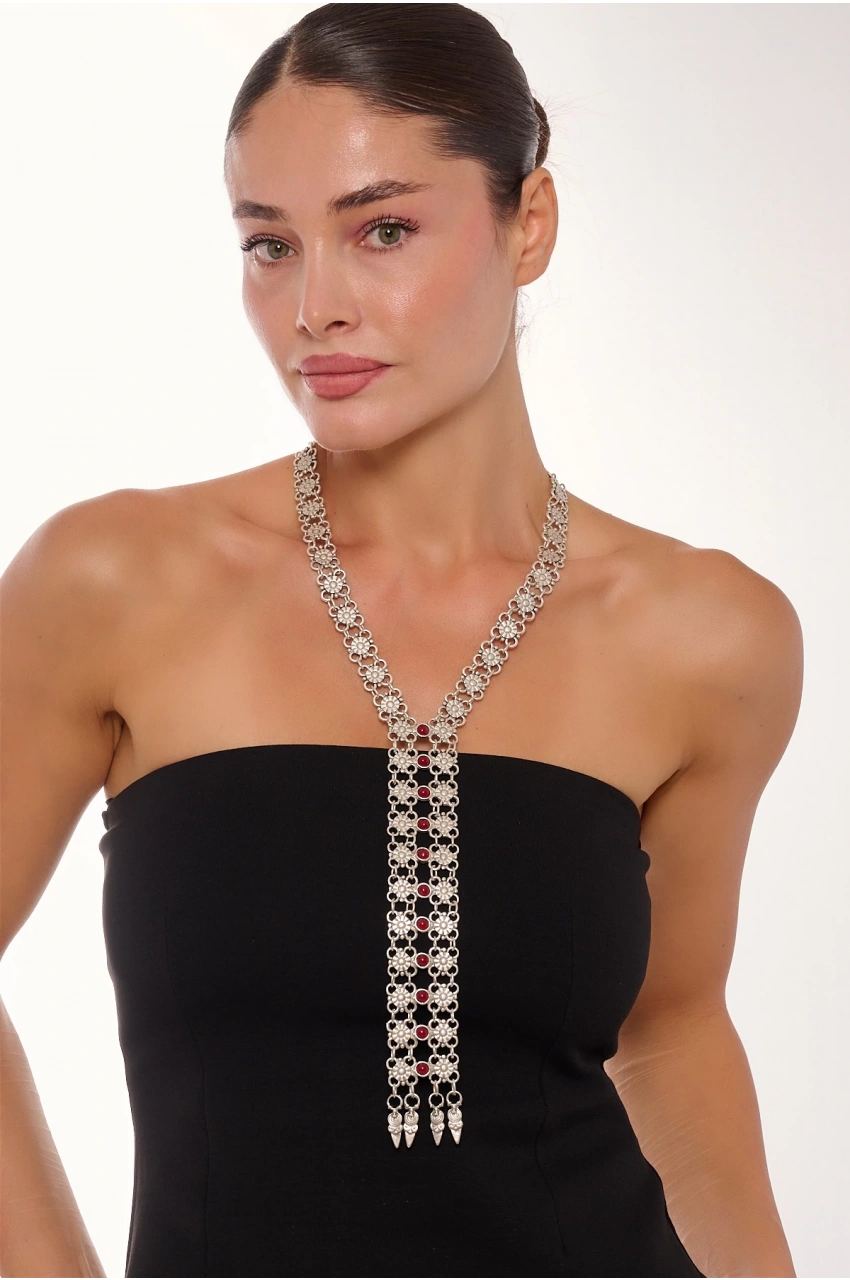 Kiraz Tie Burgundy Stoned Silver Plated Necklace