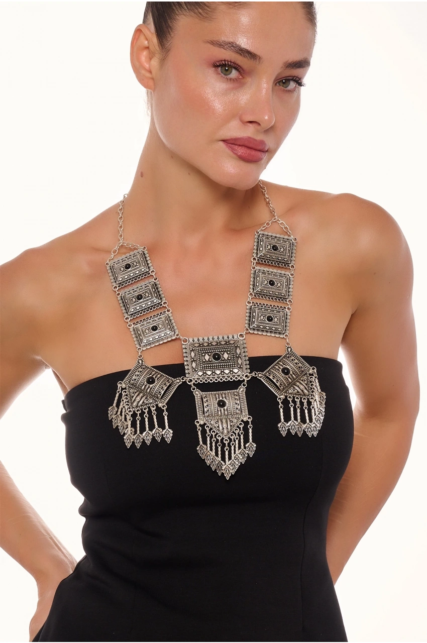 Kiraz Black Stoned Silver Plated Necklace