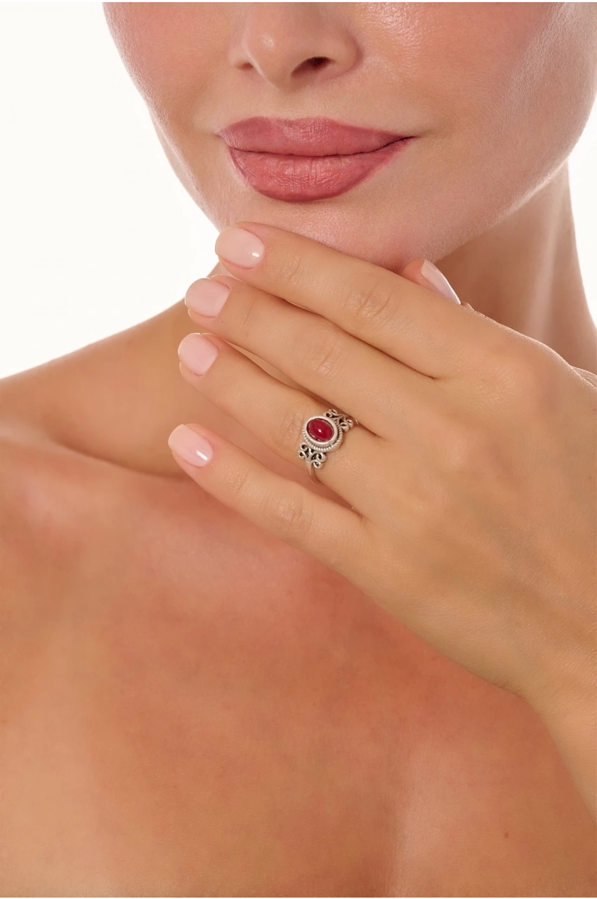 Kiraz Burgundy Stoned Silver Plated Ring