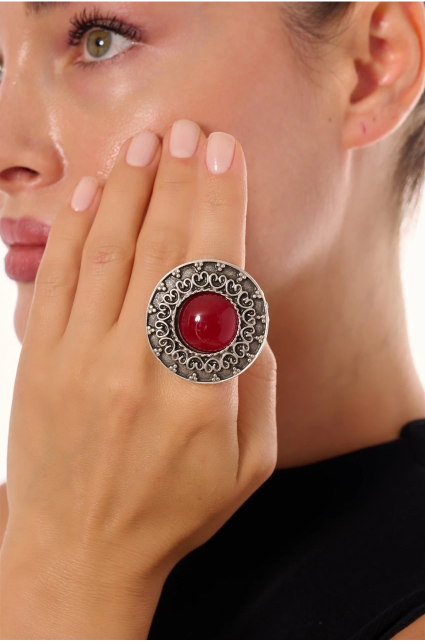 Kiraz Burgundy Stoned Silver Plated Ring
