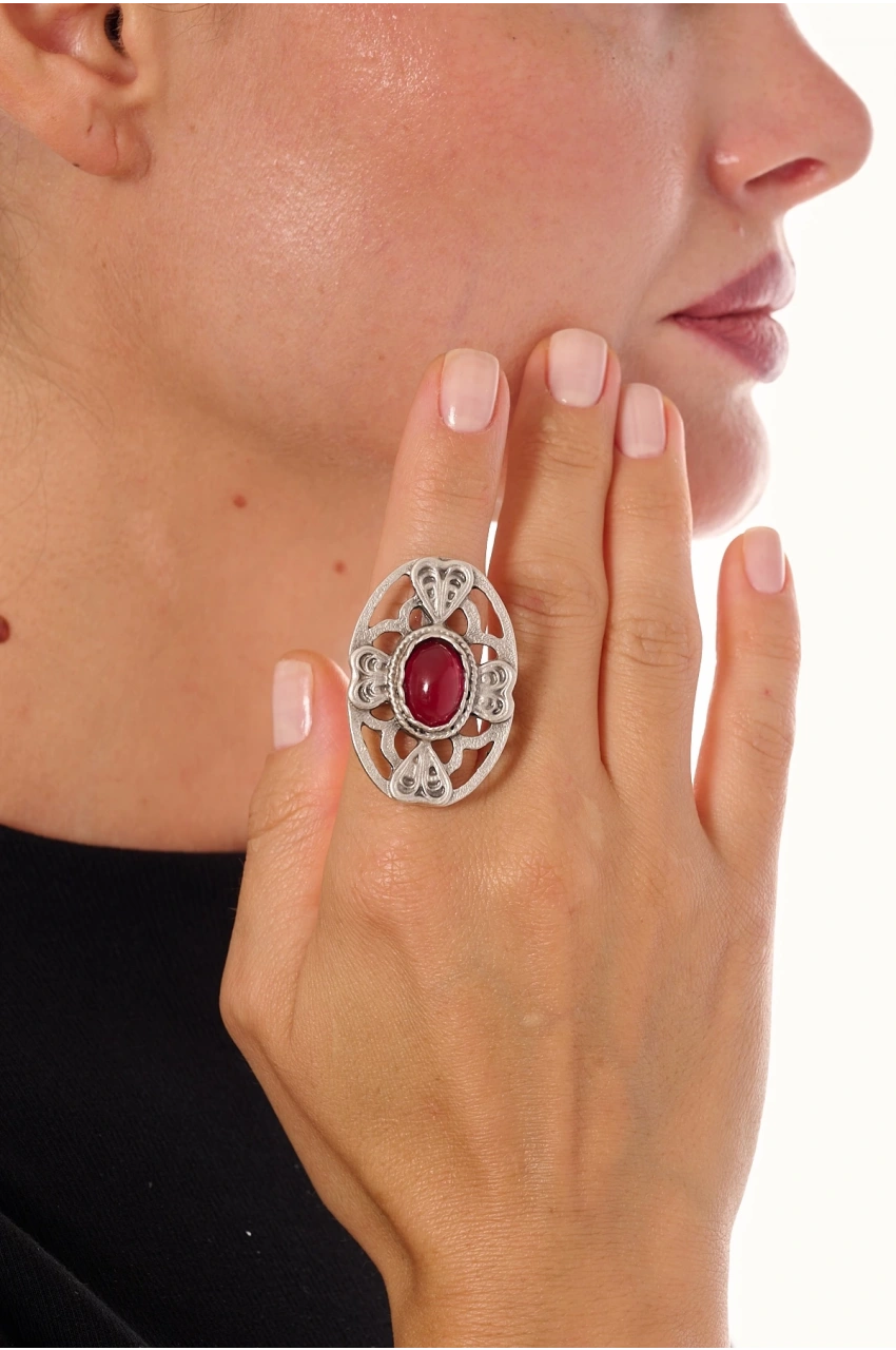 Kiraz Burgundy Stoned Silver Plated Ring