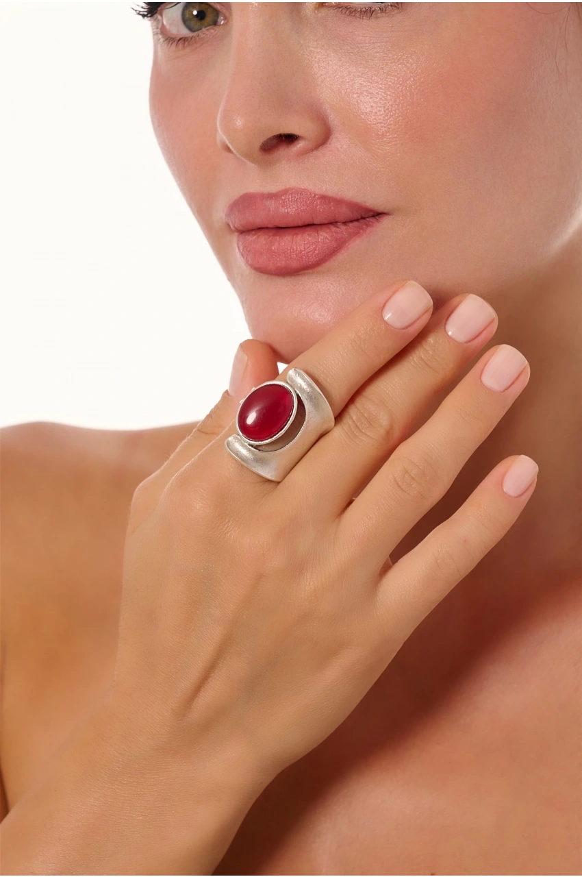 Kiraz Burgundy Stoned Silver Plated Ring