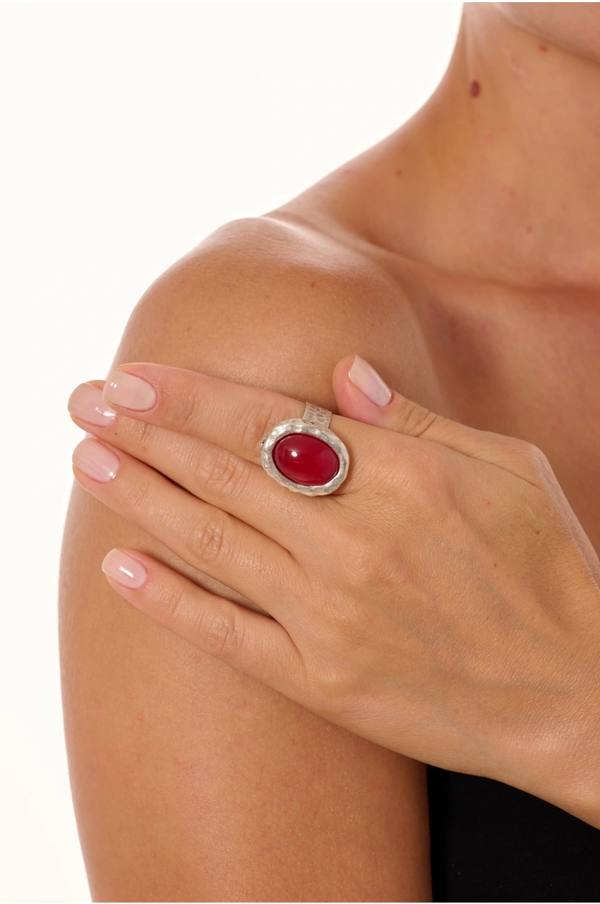 Kiraz Burgundy Stoned Silver Plated Ring