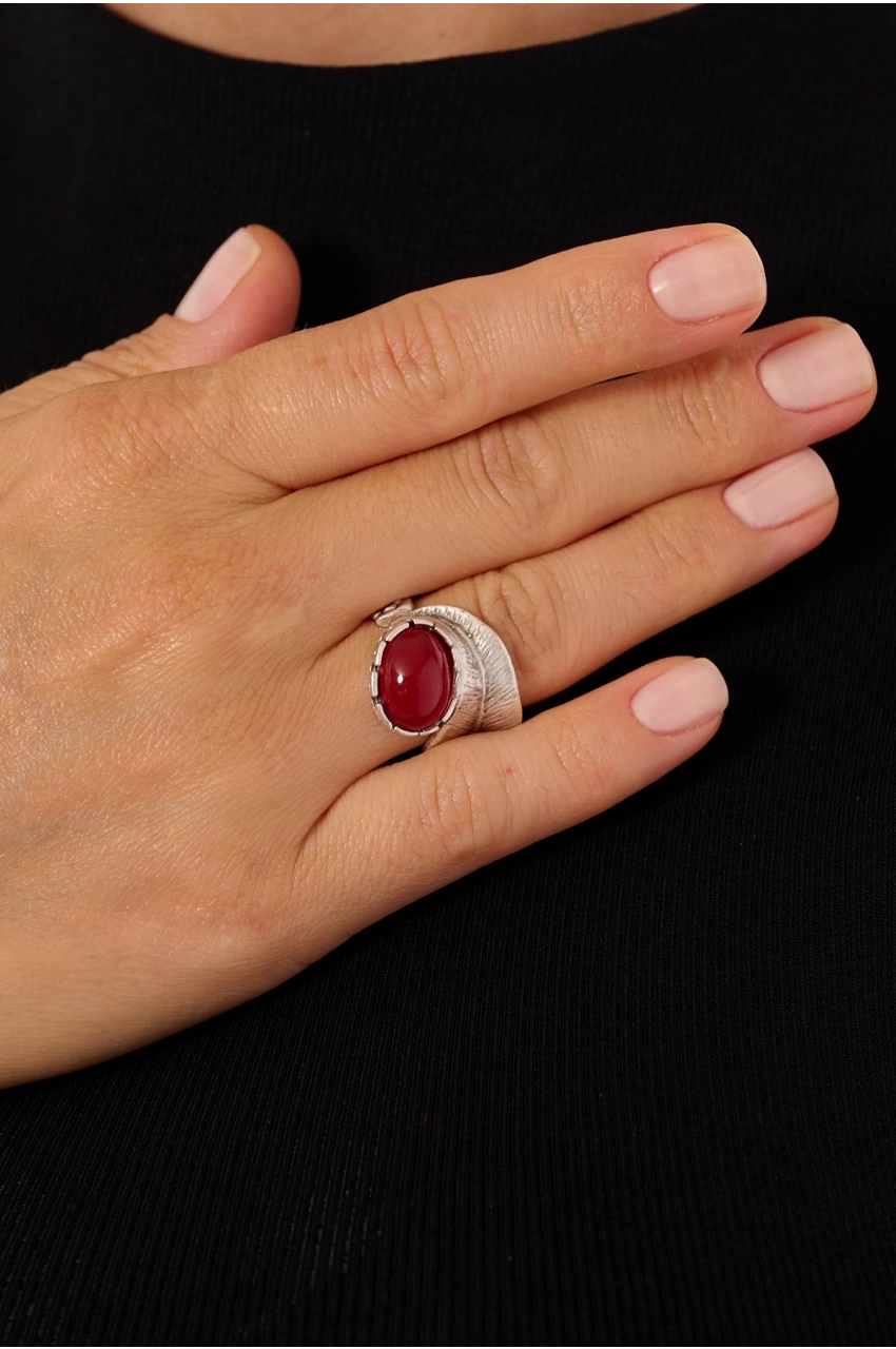 Kiraz Burgundy Stoned Silver Plated Ring