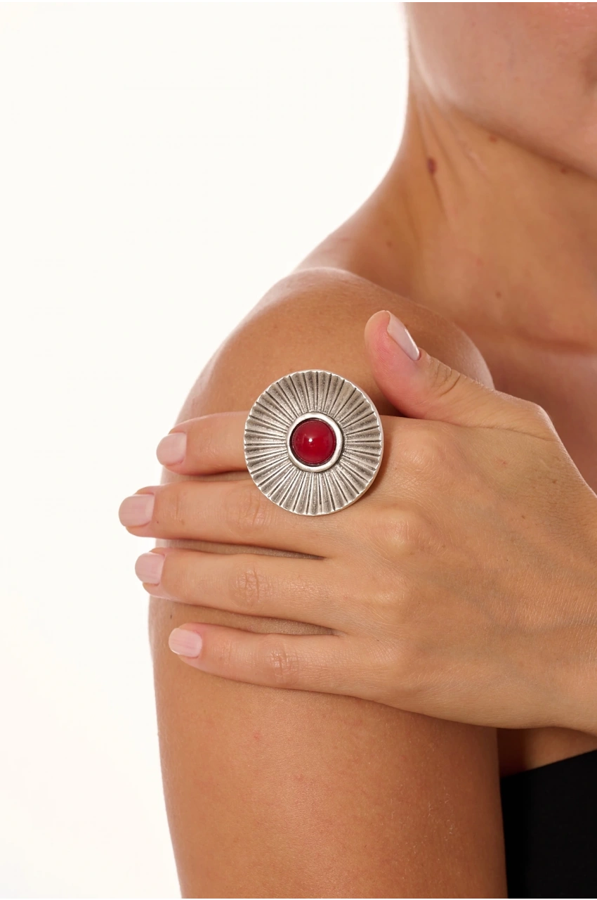 Kiraz Burgundy Stoned Silver Plated Ring