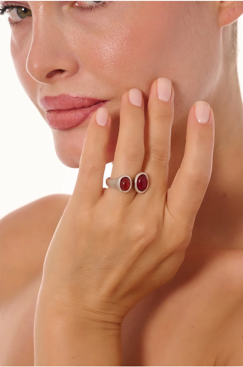 Kiraz Burgundy Stoned Silver Plated Ring