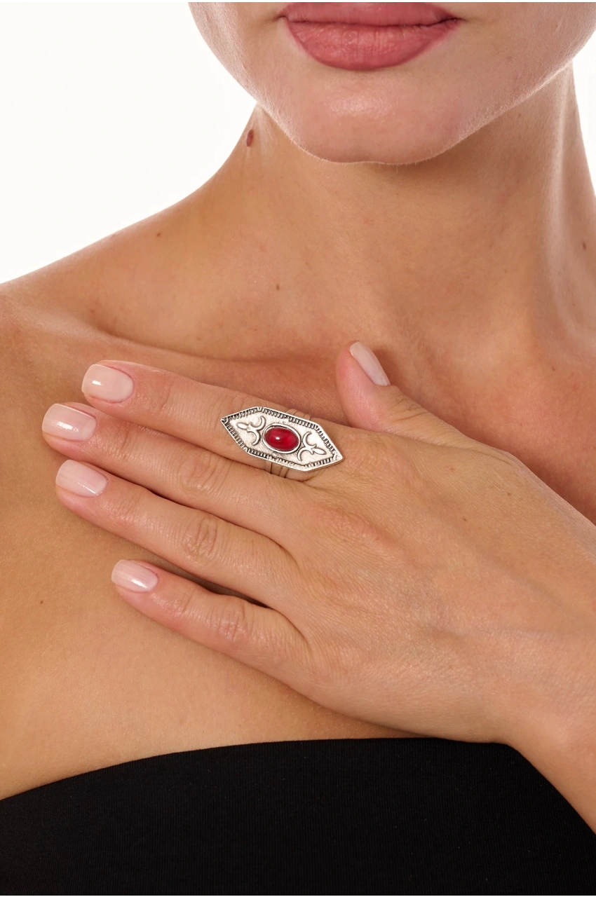 Kiraz Burgundy Stoned Silver Plated Ring