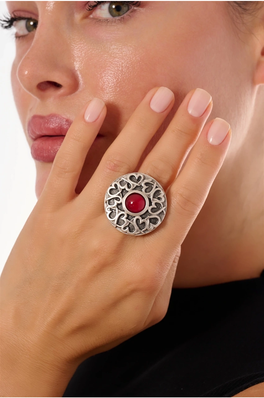Kiraz Burgundy Stoned Silver Plated Ring