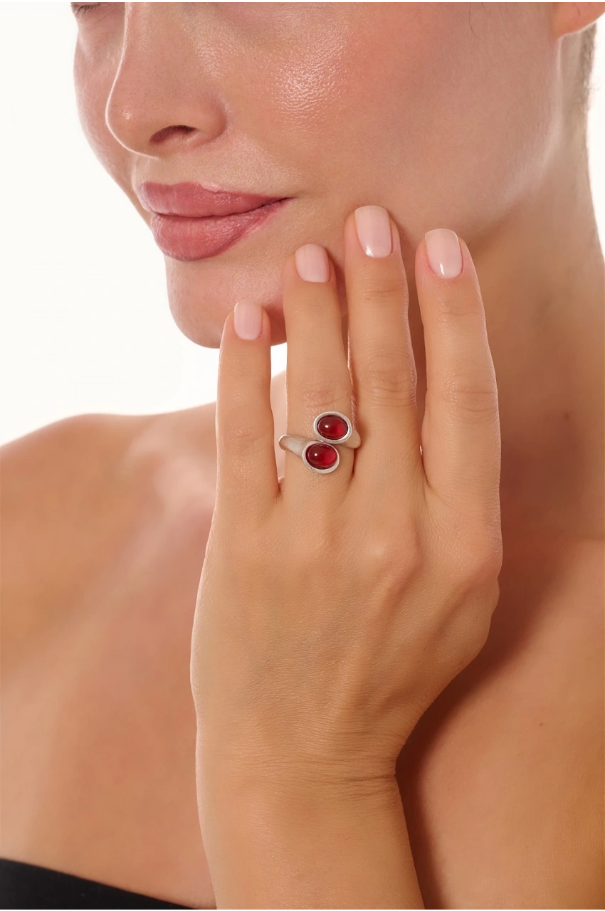Kiraz Burgundy Stoned Silver Plated Ring