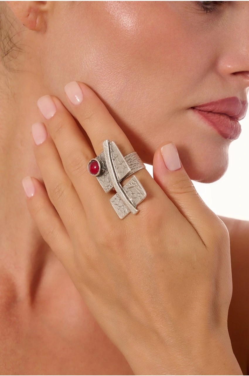 Kiraz Burgundy Stoned Silver Plated Ring