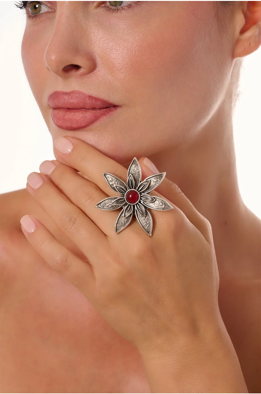 Kiraz Burgundy Stoned Silver Plated Ring