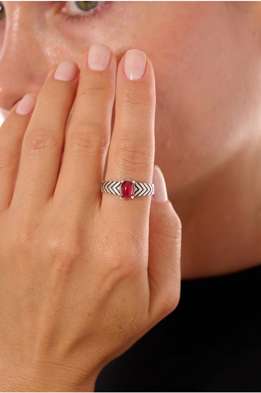 Kiraz Burgundy Stoned Silver Plated Ring