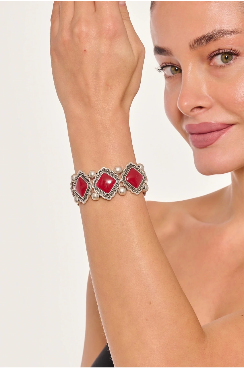 Kiraz Burgundy Stoned Elastic  Silver Plated Bracelet