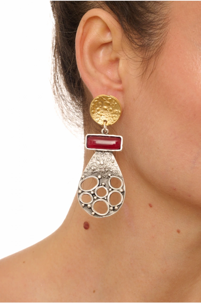 Kiraz Burgundy Stoned Gold Plated Earring