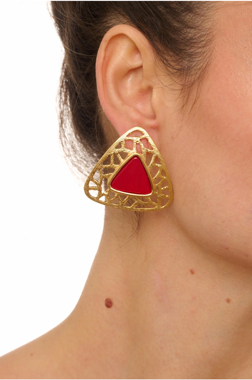 Kiraz Burgundy Stoned Gold Plated Earring