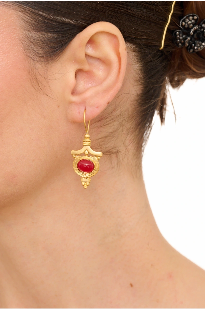 Kiraz Burgundy Stoned Gold Plated Earring