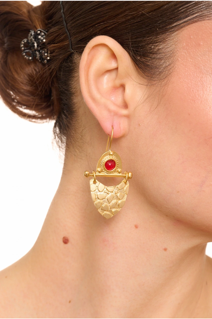 Kiraz Burgundy Stoned Gold Plated Earring