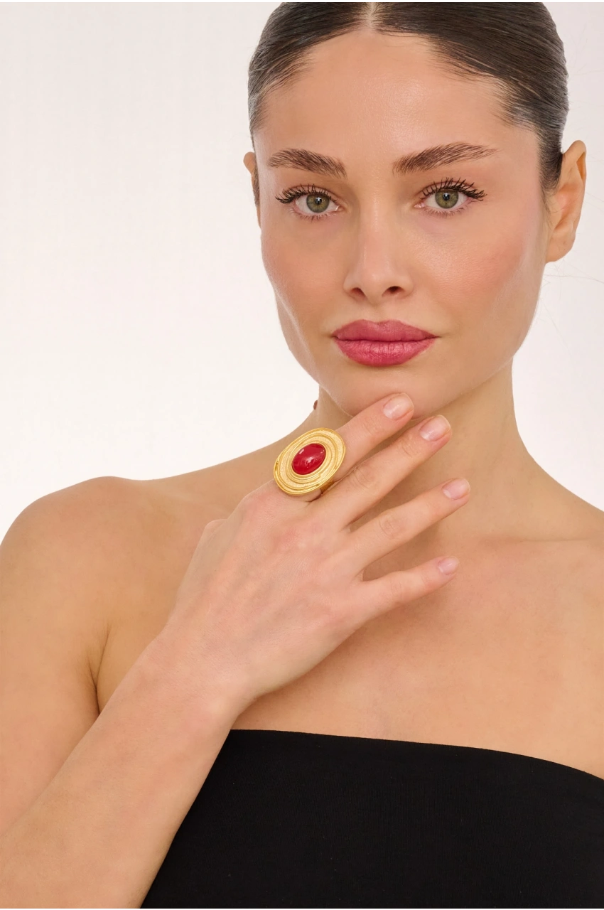 Kiraz Burgundy Stoned Gold Plated Ring