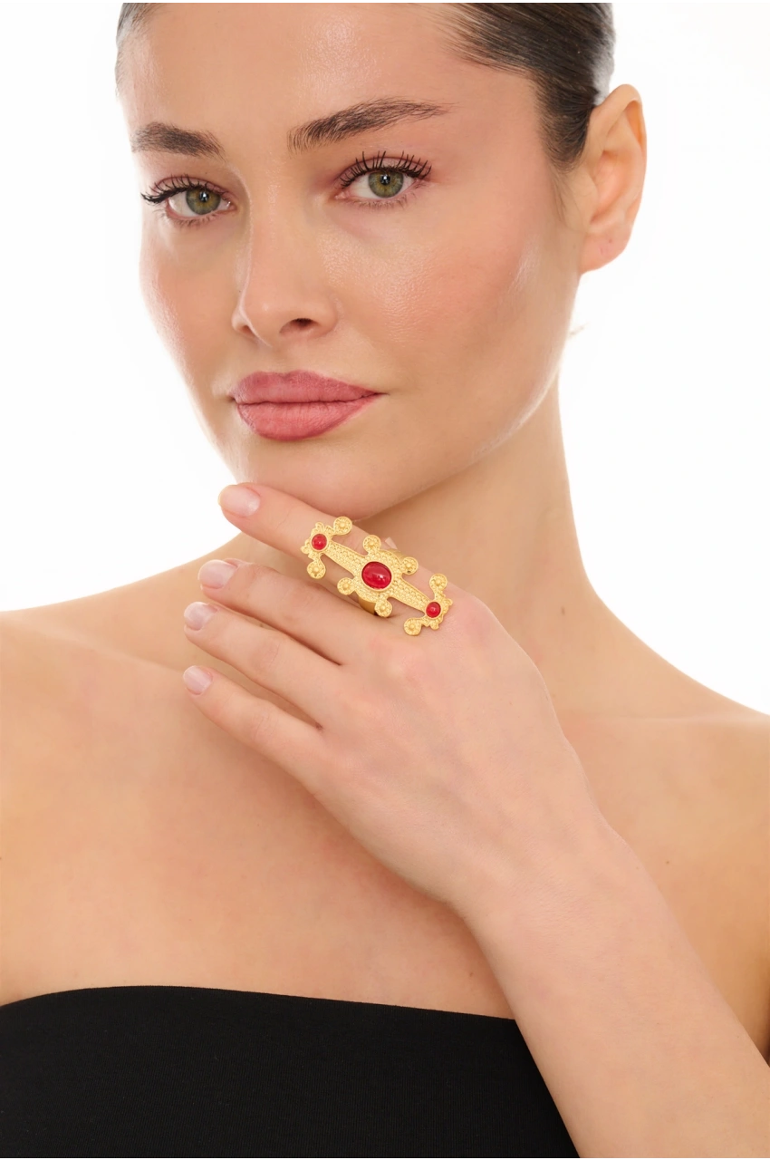 Kiraz Burgundy Stoned Gold Plated Ring