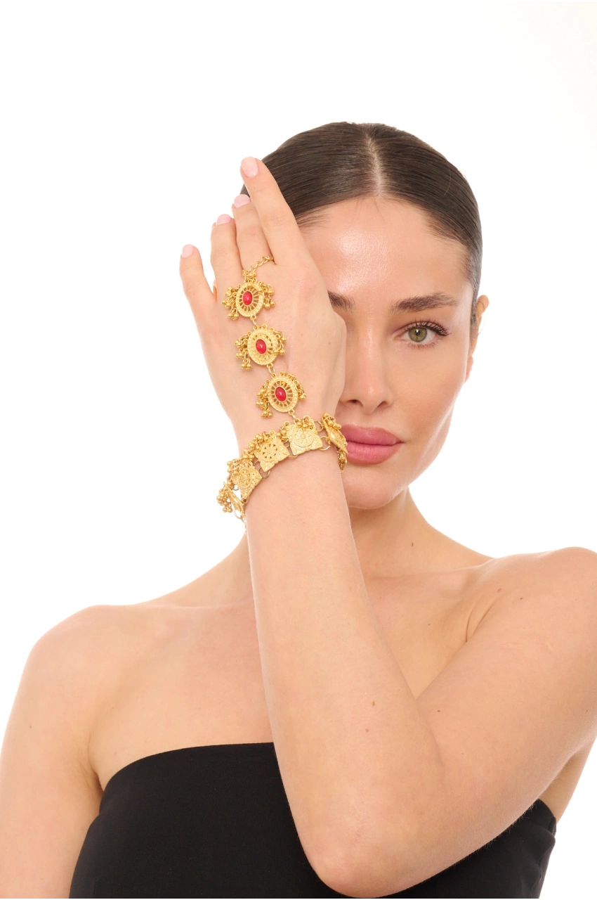 Kiraz Burgundy Stoned Gold Plated Shahmaran Bracelet