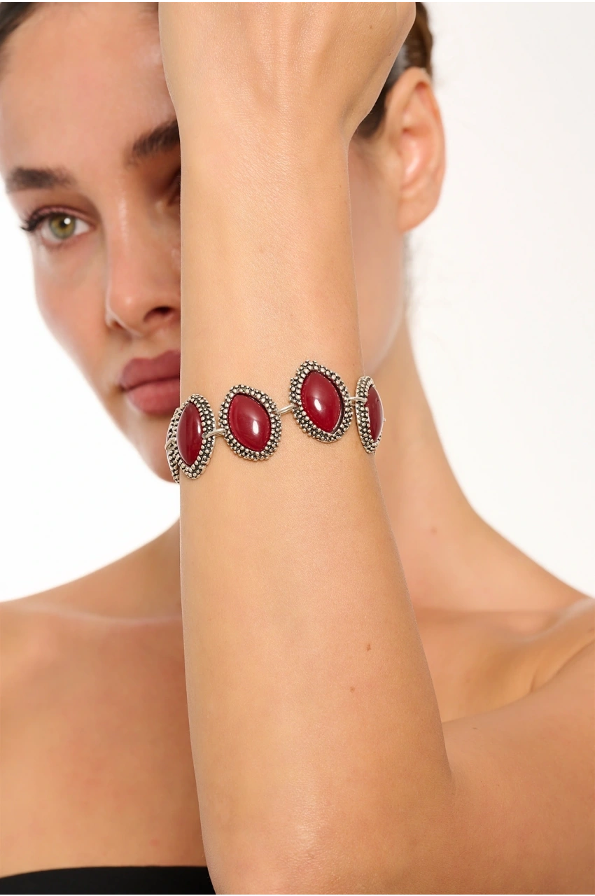 Kiraz Burgundy Stoned Silver Plated Almond Bracelet
