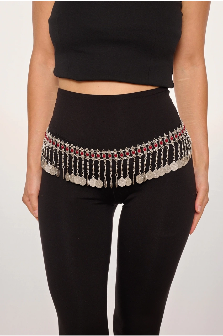 Kiraz Burgundy Stoned Silver Plated Belt