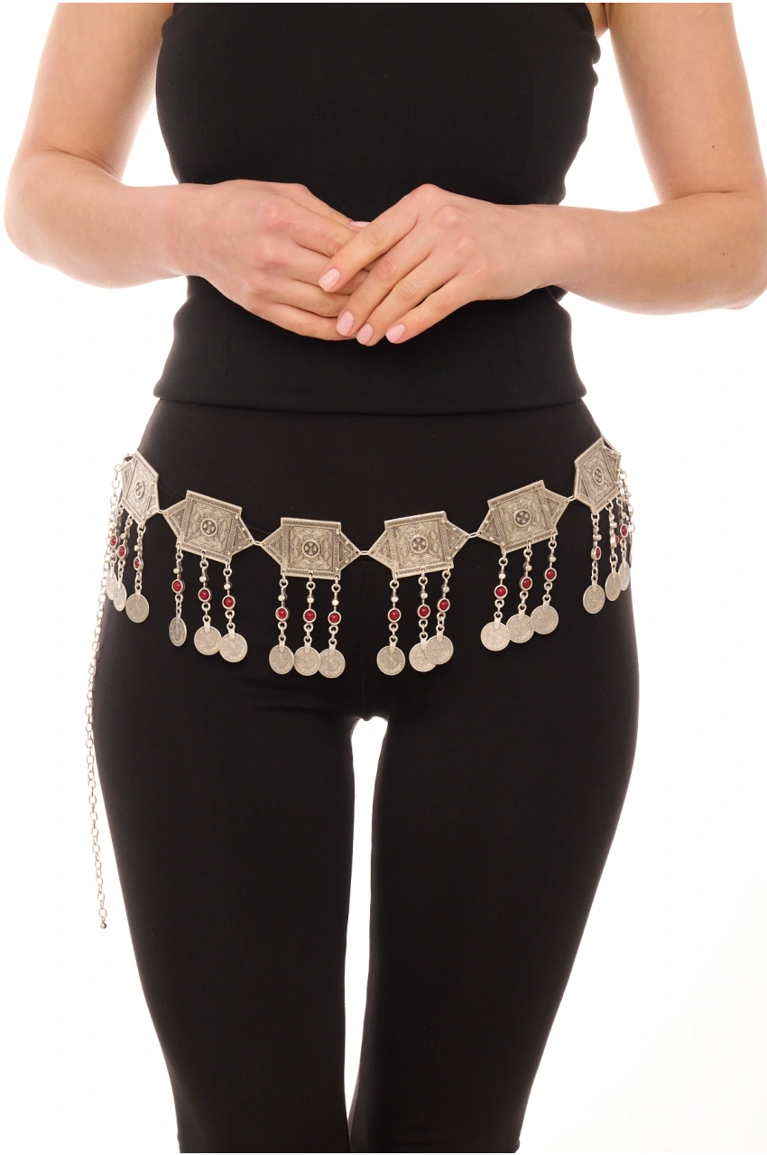 Kiraz Burgundy Stoned Silver Plated Belt