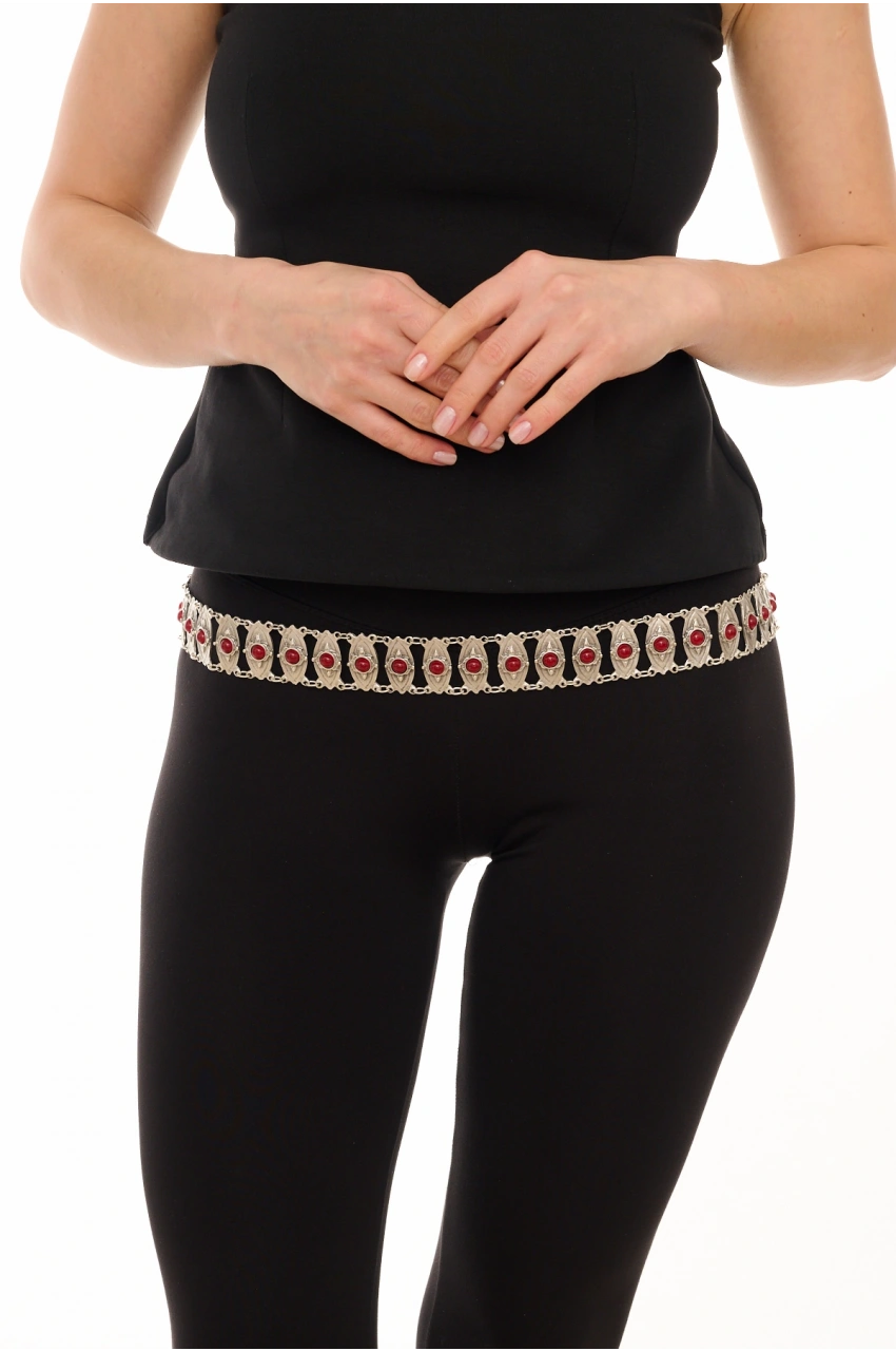Kiraz Burgundy Stoned Silver Plated Belt