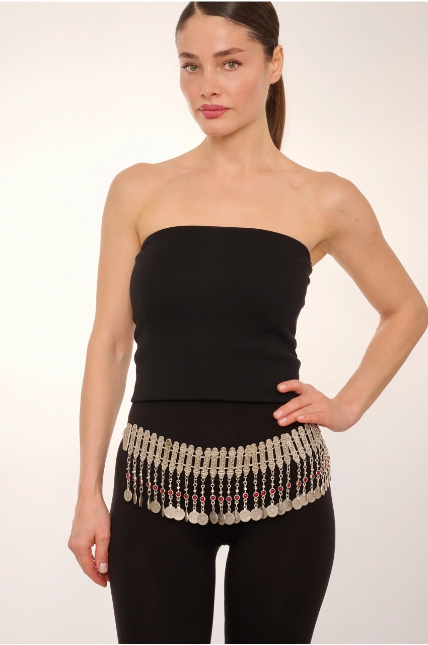 Kiraz Burgundy Stoned Silver Plated Belt