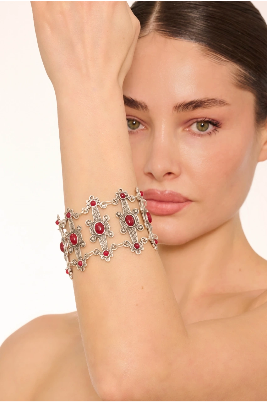 Kiraz Burgundy Stoned Silver Plated Bracelet