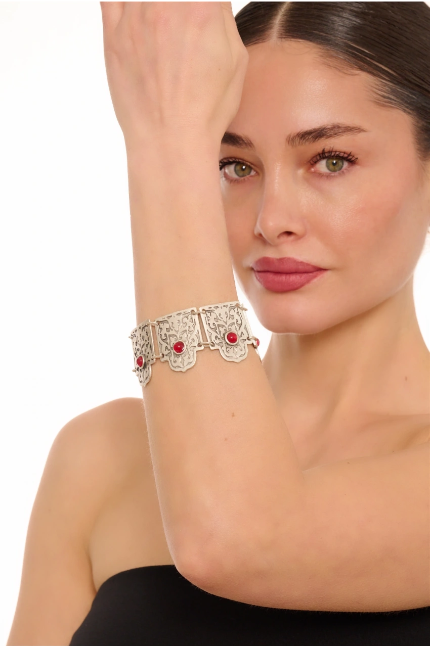 Kiraz Burgundy Stoned Silver Plated Bracelet