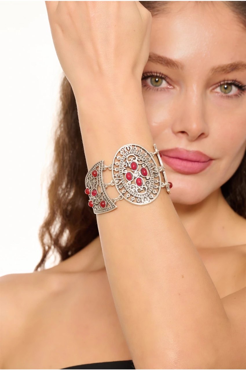 Kiraz Burgundy Stoned Silver Plated Bracelet