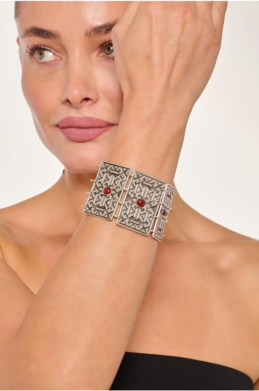 Kiraz Burgundy Stoned Silver Plated Bracelet
