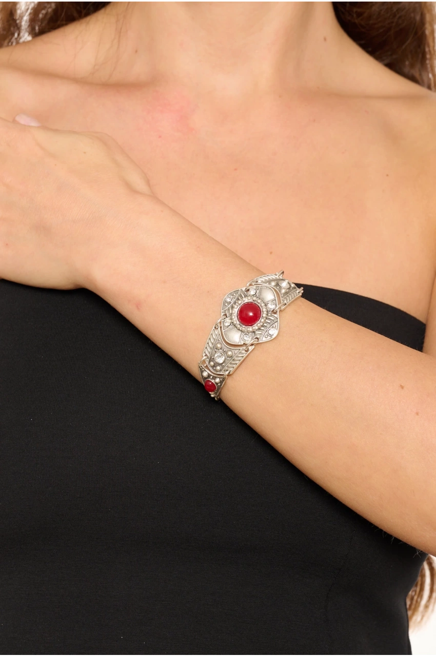 Kiraz Burgundy Stoned Silver Plated Bracelet