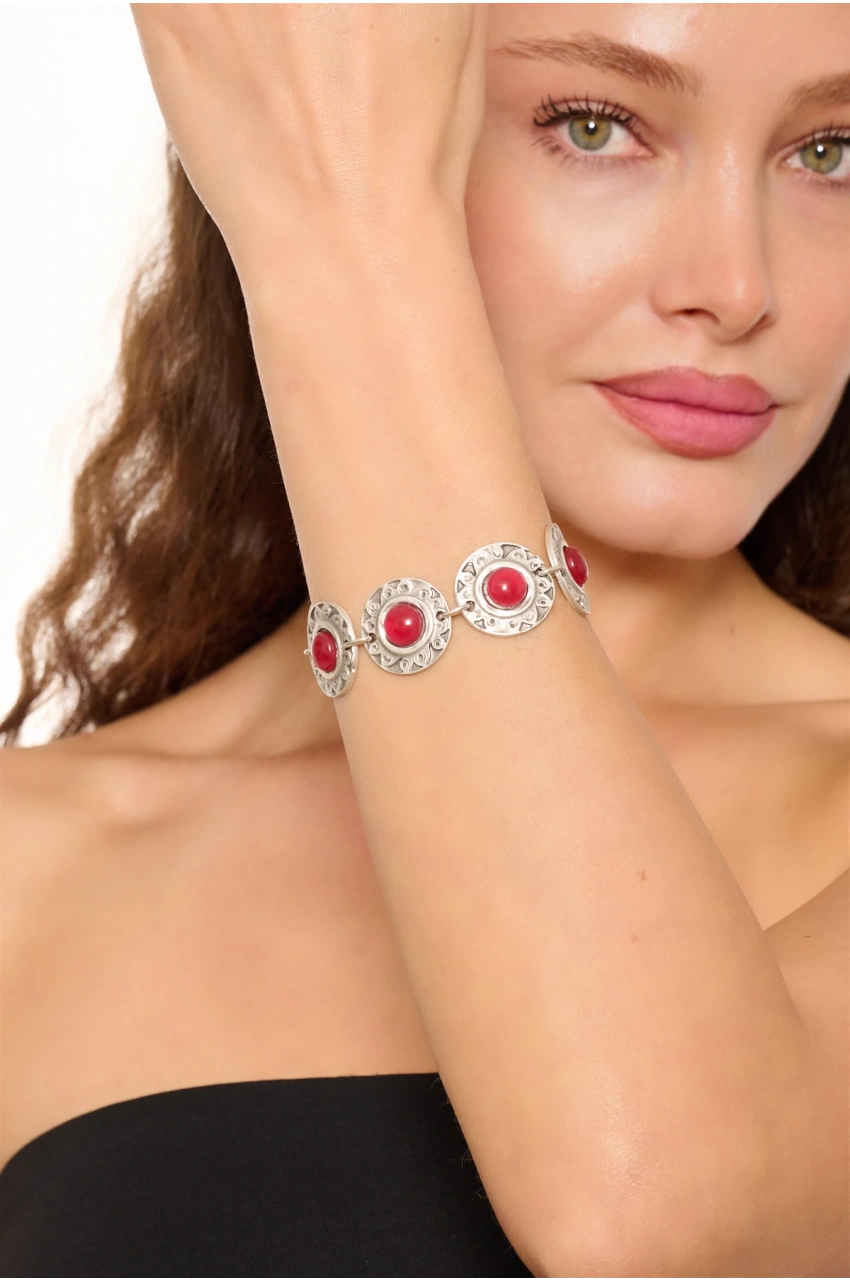Kiraz Burgundy Stoned Silver Plated Bracelet