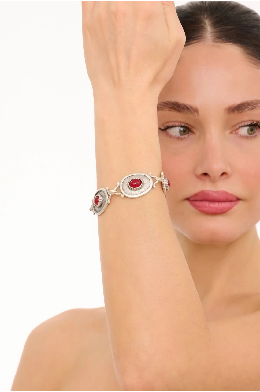 Kiraz Burgundy Stoned Silver Plated Bracelet