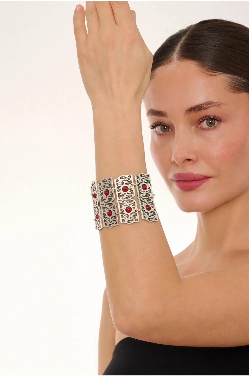 Kiraz Burgundy Stoned Silver Plated Bracelet