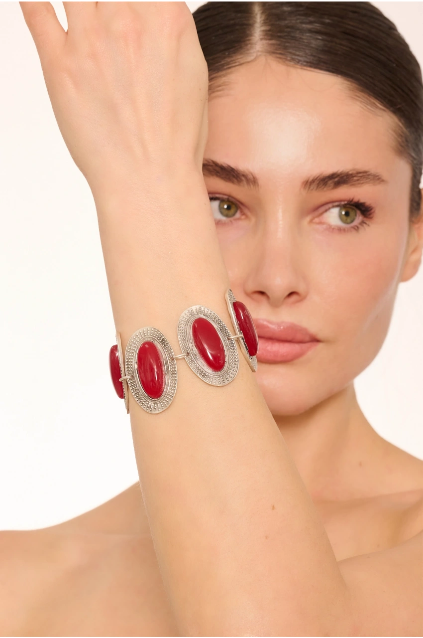 Kiraz Burgundy Stoned Silver Plated Bracelet